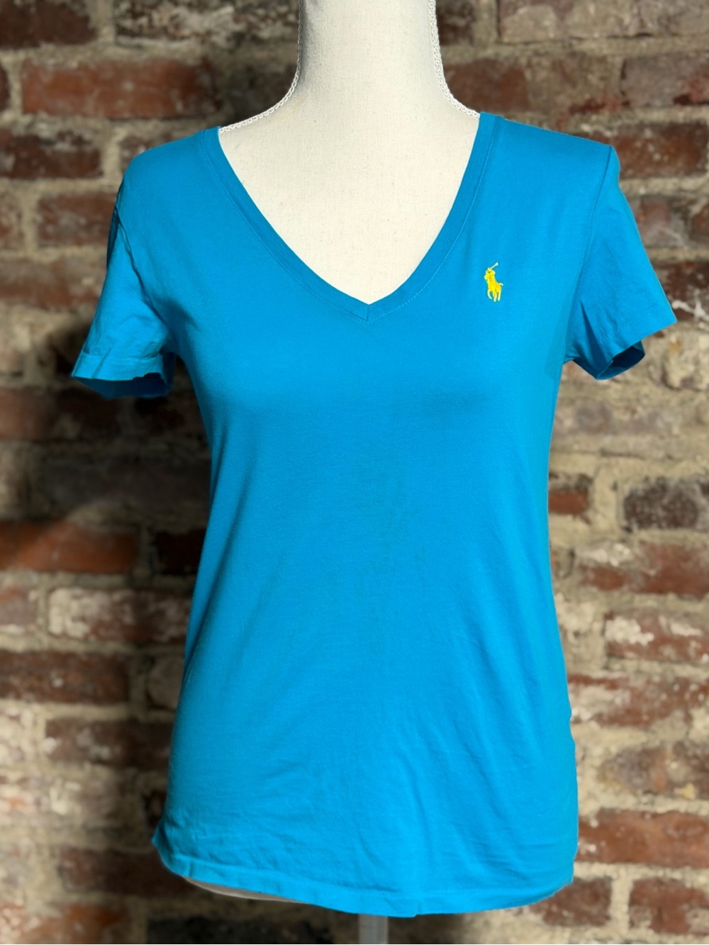 Polo Ralph Lauren Blue Woman’s V-Neck T-Shirt Size S With Yellow Pony Logo